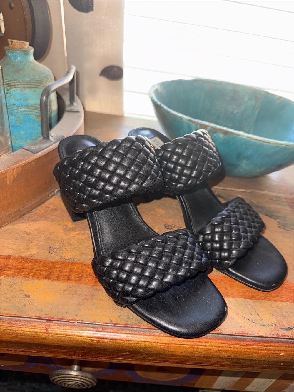 Steve Madden Black Braided Double-Strap 2.5 inch Slide Mules size 7